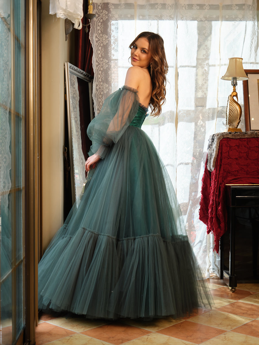 A-Line/Princess Tulle Sweetheart Long Prom Dresses