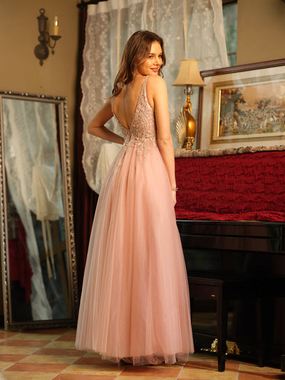 A-Line/Princess V-Neck Tulle Split Side Applique Long Prom Dresses