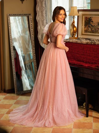 A-Line/Princess V-Neck Split Side Long Prom Dresses with Bow-Knot