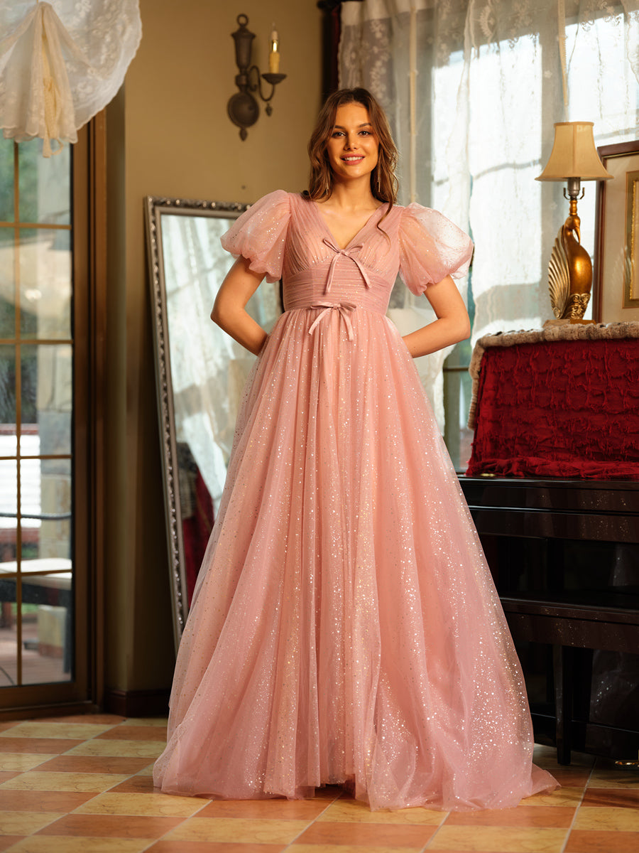 A-Line/Princess V-Neck Split Side Long Prom Dresses with Bow-Knot