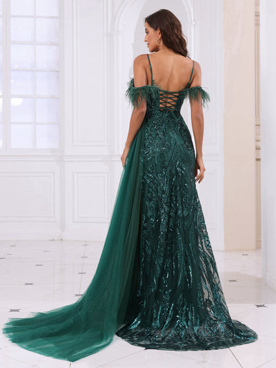 A-Line/Princess Spaghetti Straps Long Prom Dresses with Feather & Sequins