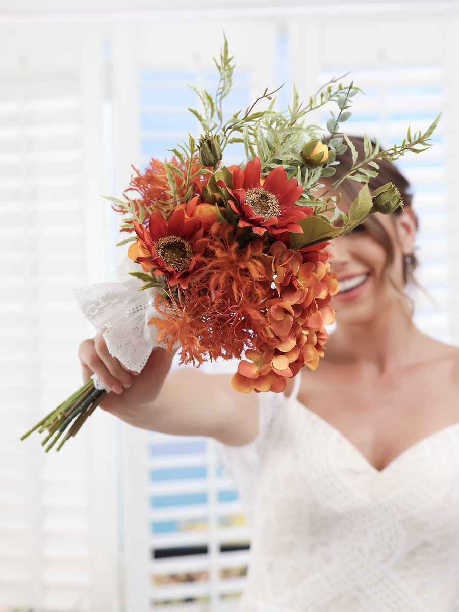 Artificial Hand-Tied Wedding Bridal Bouquets with Bowknot in Sunset Red & Orange