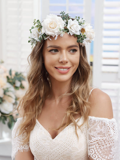 Artificial White Wedding Flower Crowns with Ivory Ribbon