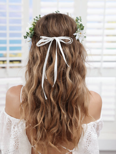 Artificial White Wedding Flower Crowns with Ivory Ribbon