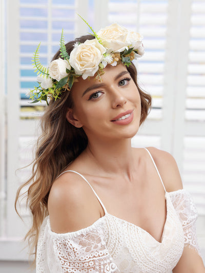 Artificial Champagne Wedding Flower Crowns with Champagne Ribbon