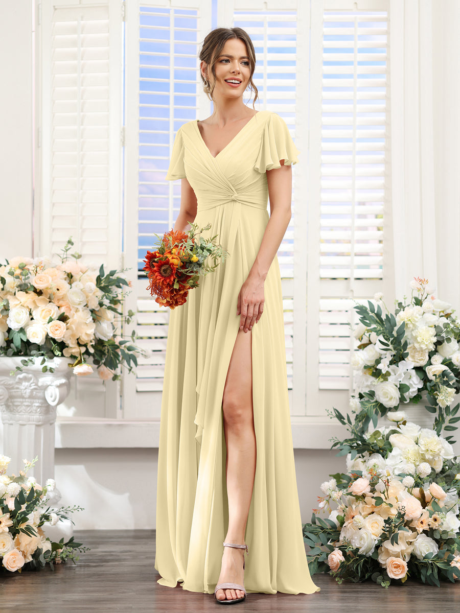 A-Line V-Neck Short Sleeves Split Side Chiffon Bridesmaid Dresses