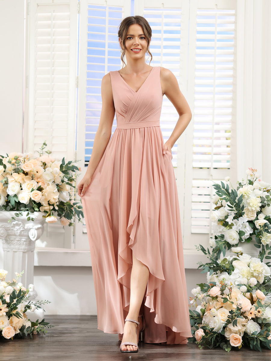 A-Line V-Neck Sleeveless Ruched Asymmetrical Chiffon Bridesmaid Dresse Lavetir UK A-Line V-Neck Sleeveless Ruched Asymmetrical Chiffon Bridesmaid Dresse Lavetir UK