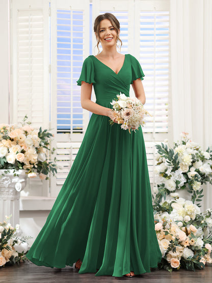 A-Line V-Neck Short Sleeves Split Side Ruched Chiffon Bridesmaid Dress Lavetir UK A-Line V-Neck Short Sleeves Split Side Ruched Chiffon Bridesmaid Dress Lavetir UK