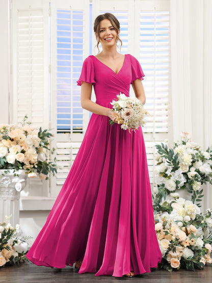 A-Line V-Neck Short Sleeves Split Side Ruched Chiffon Bridesmaid