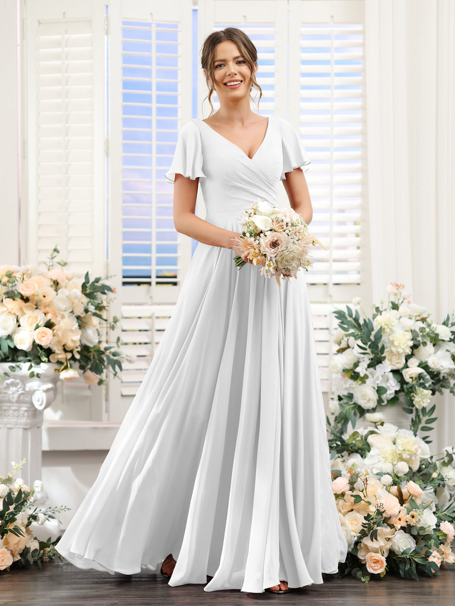 A-Line V-Neck Short Sleeves Split Side Ruched Chiffon Bridesmaid Dresses