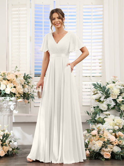 v neck bridesmaid dresses uk A-line V Neck Long/Floor-Length Chiffon Bridesmaid Dress With Sashes Ruffles - Bridesmaid Dresses