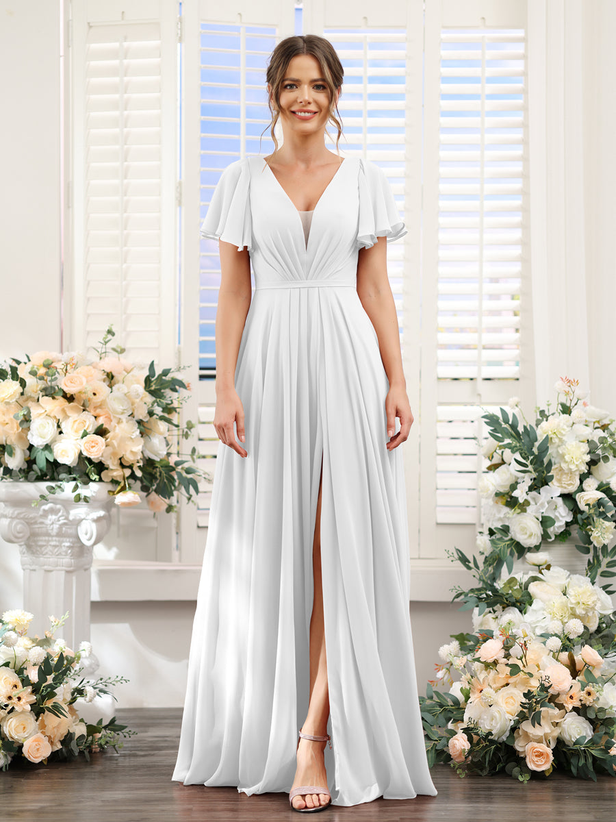 A-Line Deep V-Neck Short Sleeves Split Side Chiffon Bridesmaid Dresses