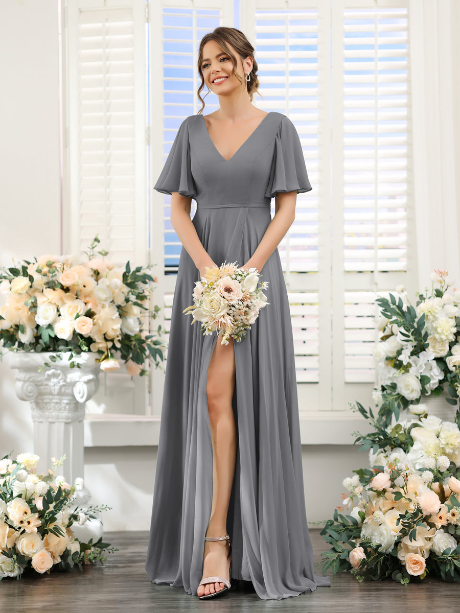 A-Line V-Neck Short Sleeves Split Side Ruffles Chiffon Bridesmaid Dresses