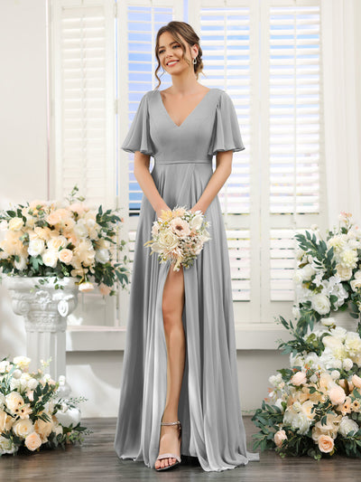 A-Line V-Neck Short Sleeves Split Side Ruffles Chiffon Bridesmaid Dresses
