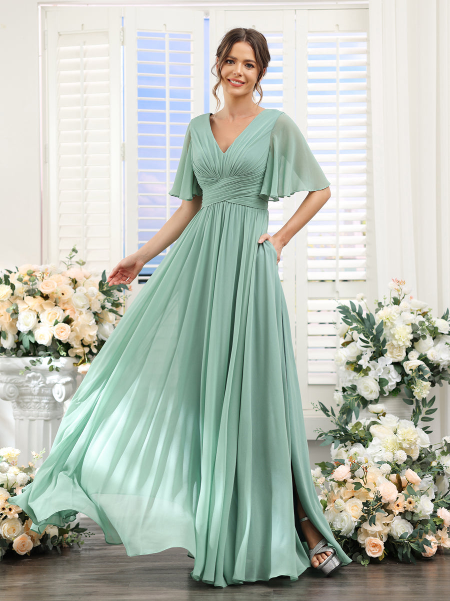 A-Line V-Neck Half Sleeves Split Side Chiffon Floral Bridesmaid Dresses With Pockets main image 1