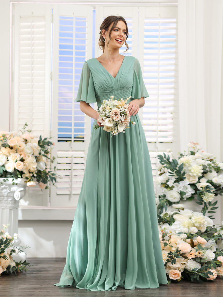 A Line Halter Neck Jersey Bridesmaid Dress With Half Sleeves