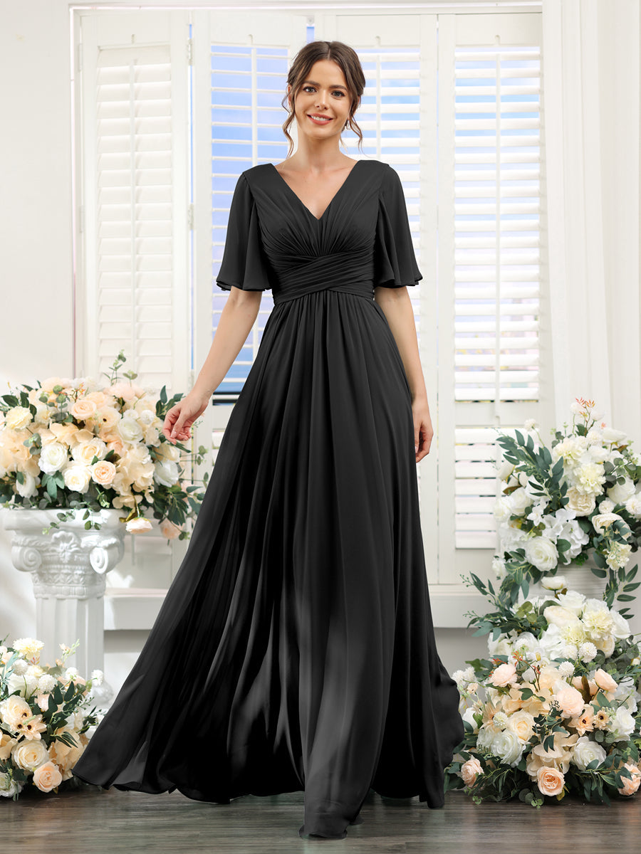 A-Line V-Neck Half Sleeves Split Side Chiffon Bridesmaid Dresses With Pockets