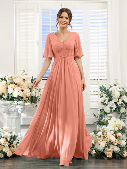 A-Line V-Neck Half Sleeves Split Side Chiffon Bridesmaid Dresses With Pockets