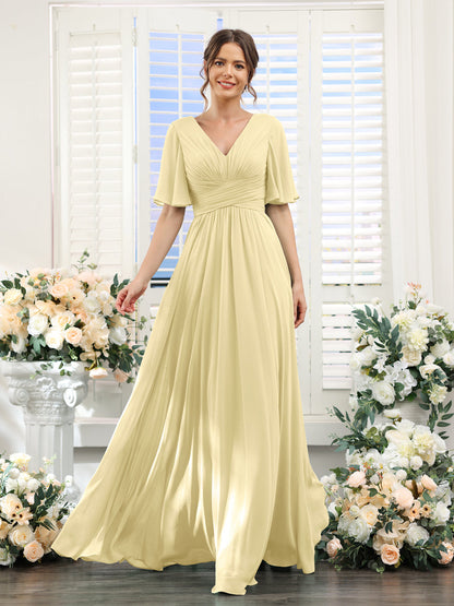 A-Line V-Neck Half Sleeves Split Side Chiffon Bridesmaid Dresses With Pockets