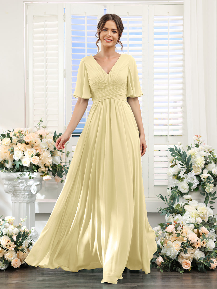A-Line V-Neck Half Sleeves Split Side Chiffon Bridesmaid Dresses With Pockets