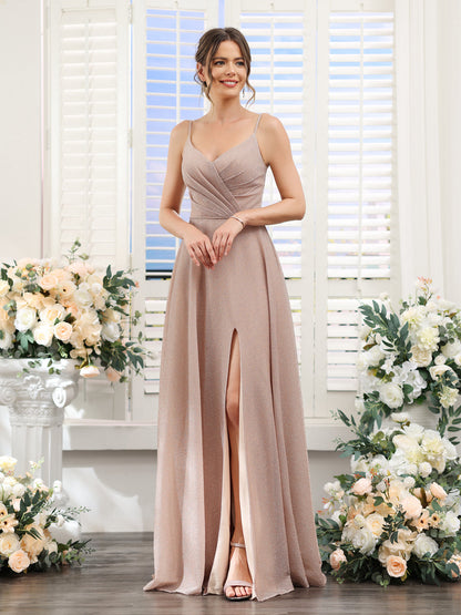 A-Line V-Neck Metallic Lurex Long Prom Dresses with Spaghetti Straps