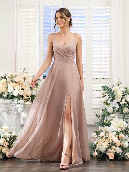 A-Line V-Neck Metallic Lurex Long Prom Dresses with Spaghetti Straps