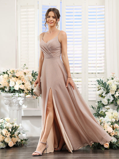 A-Line V-Neck Metallic Lurex Long Prom Dresses with Spaghetti Straps