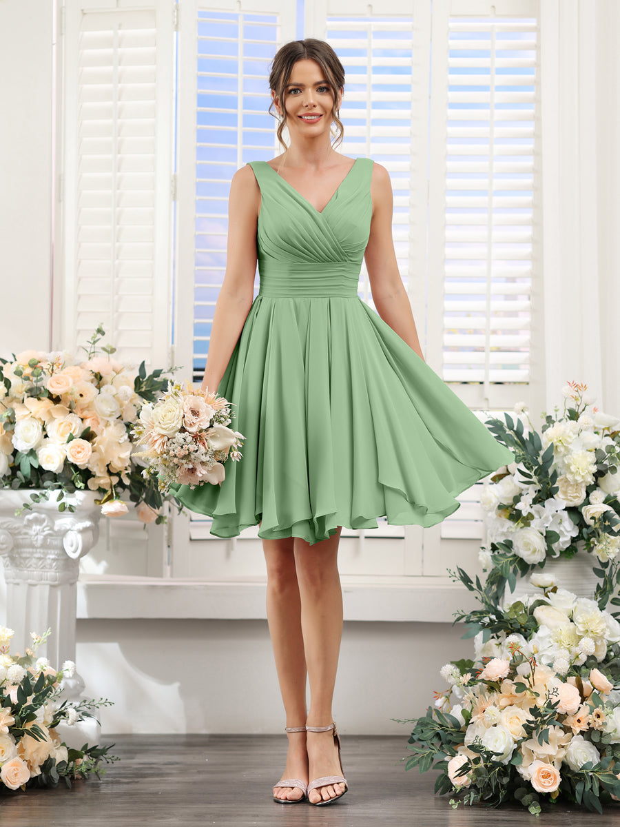 A-Line V-Neck Sleeveless Ruched Chiffon Short Bridesmaid Dresses-Lavetir UK