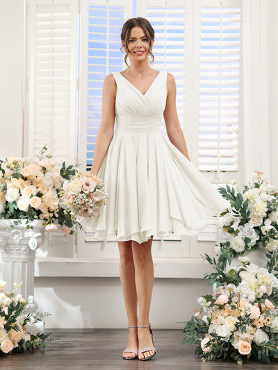 A-Line V-Neck Sleeveless Ruched Chiffon Short Bridesmaid Dresses