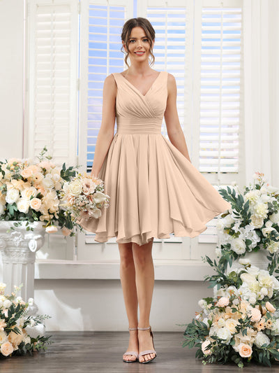 A-Line V-Neck Sleeveless Ruched Chiffon Short Bridesmaid Dresses