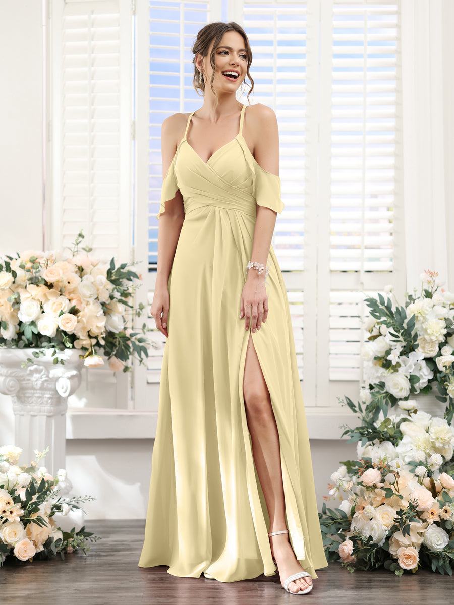 A-Line V-Neck Spaghetti Straps Split Side Floor-Length Chiffon Bridesmaid Dresses