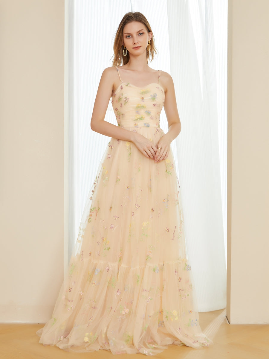 Retro A-Line Tulle Embroidery Long Prom Dresses with Spaghetti Straps