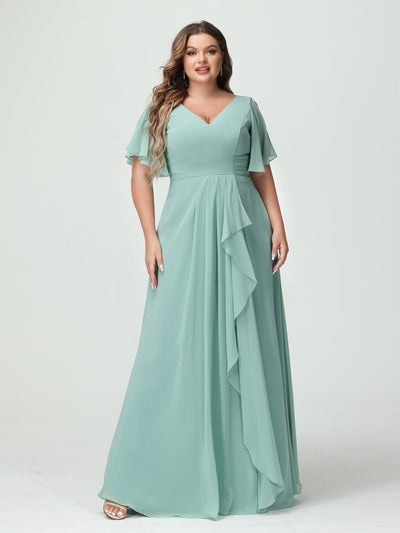 A-Line/Princess V-Neck Half Sleeves Chiffon Ruffles Plus Size Bridesmaid Dresses with Split Side