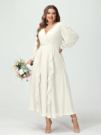 A-Line/Princess V-Neck Long Sleeves Chiffon Tea-Length Ruffles Plus Size Bridesmaid Dresses with Pockets