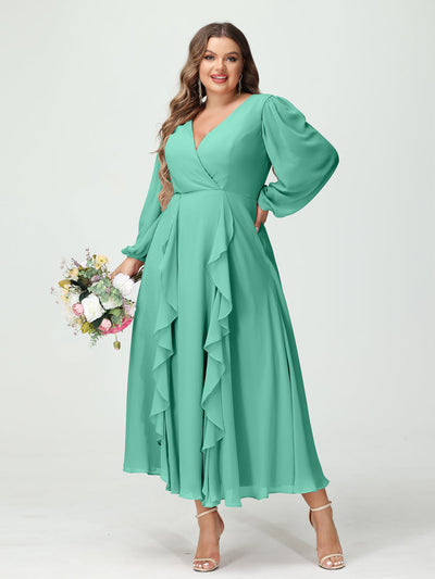 A-Line/Princess V-Neck Long Sleeves Chiffon Tea-Length Ruffles Plus Size Bridesmaid Dresses with Pockets
