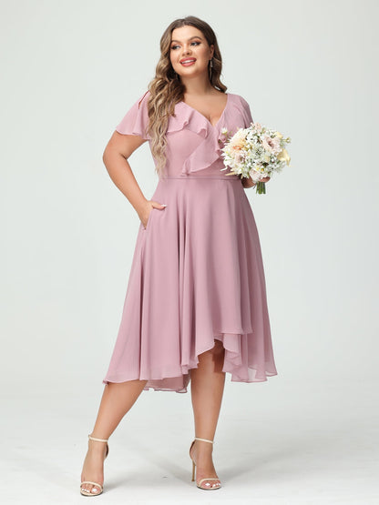 A-Line/Princess V-Neck Short Sleeves Chiffon Ruffles High-Low Plus Size Bridesmaid Dresses with Pockets