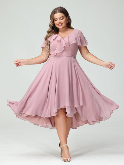 A-Line/Princess V-Neck Short Sleeves Chiffon Ruffles High-Low Plus Size Bridesmaid Dresses with Pockets