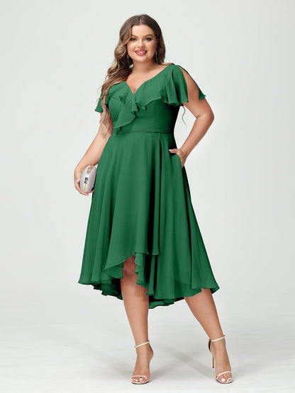 A-Line/Princess V-Neck Short Sleeves Chiffon Ruffles High-Low Plus Size Bridesmaid Dresses with Pockets