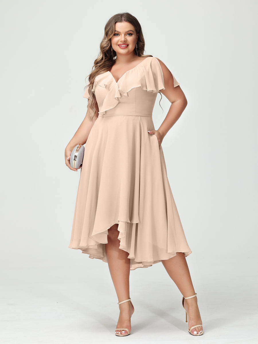 A-Line/Princess V-Neck Short Sleeves Chiffon Ruffles High-Low Plus Size Bridesmaid Dresses with Pockets