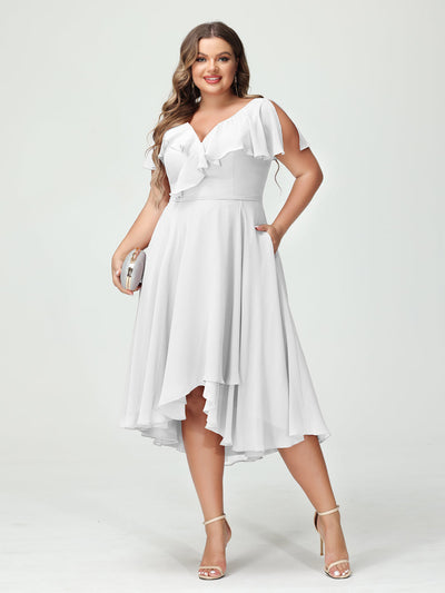 A-Line/Princess V-Neck Short Sleeves Chiffon Ruffles High-Low Plus Size Bridesmaid Dresses with Pockets
