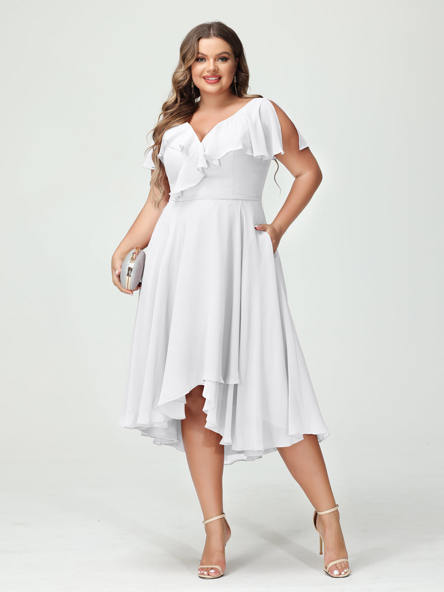 A-Line/Princess V-Neck Short Sleeves Chiffon Ruffles High-Low Plus Size Bridesmaid Dresses with Pockets