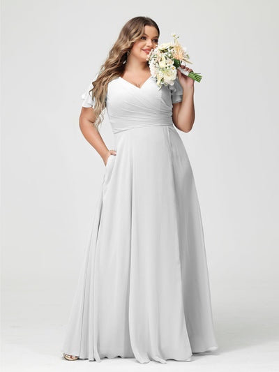 A-Line/Princess V-Neck Short Sleeves Chiffon Split Side Plus Size Bridesmaid Dresses with Pockets