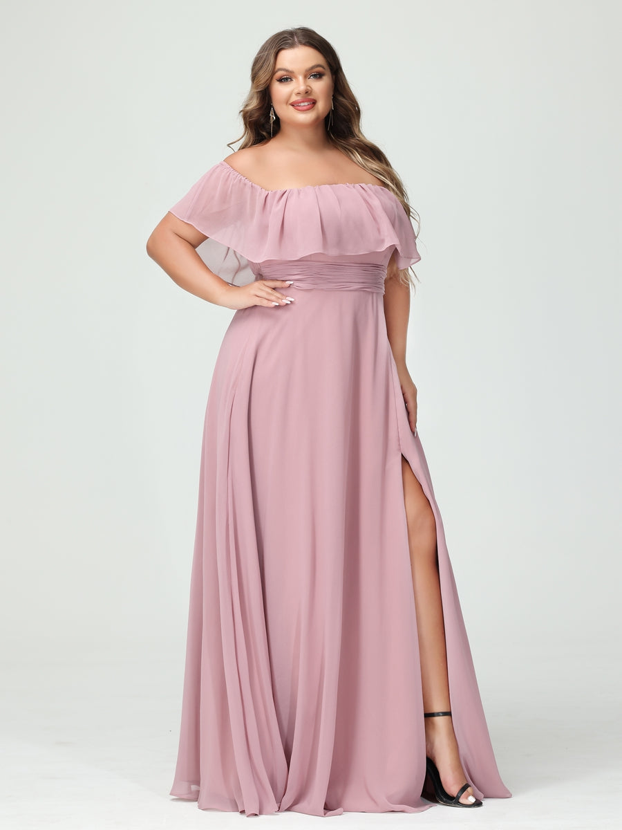 A-Line/Princess Off-the-Shoulder Short Sleeves Chiffon Split Side Plus Size Bridesmaid Dresses with Pockets