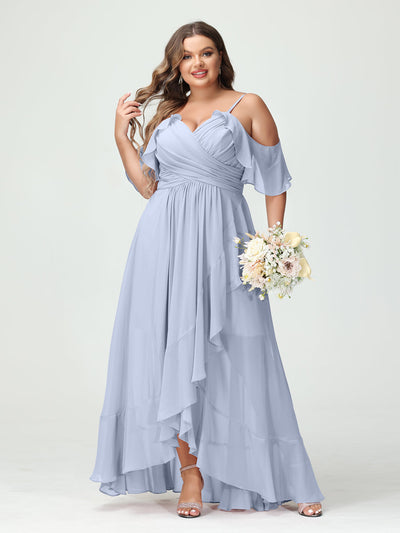 A-Line/Princess Spaghetti Straps V-Neck Short Sleeves Chiffon Ruffles Asymmetrical Plus Size Bridesmaid Dresses