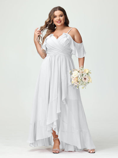A-Line/Princess Spaghetti Straps V-Neck Short Sleeves Chiffon Ruffles Asymmetrical Plus Size Bridesmaid Dresses