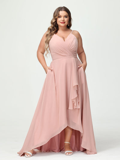 A-Line/Princess Spaghetti Straps Chiffon Ruffles Asymmetrical Plus Size Bridesmaid Dresses with Pockets