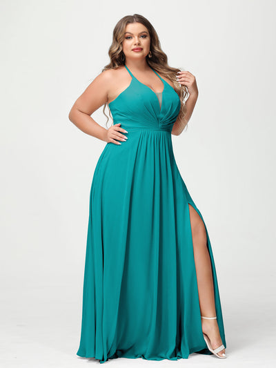 A-Line/Princess Halter Sleeveless Chiffon Ruched Split Side Plus Size Bridesmaid Dresses with Pockets