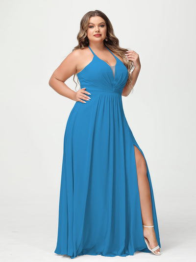 A-Line/Princess Halter Sleeveless Chiffon Ruched Split Side Plus Size Bridesmaid Dresses with Pockets