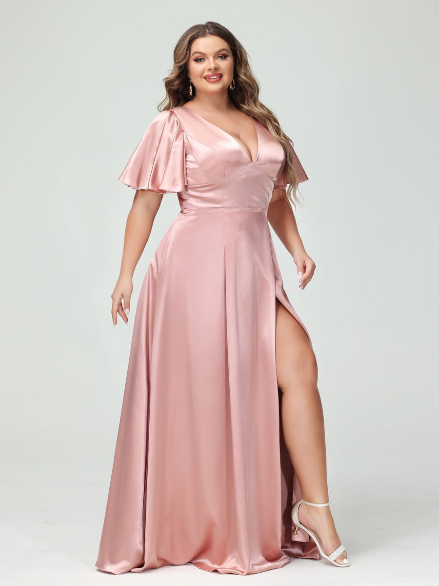 a line bridesmaid dresses uk A-line Stretch Satin Bridesmaid Dress Square Neckline Floor-Length with Bowknot Split S6018B - Bridesmaid Dresses