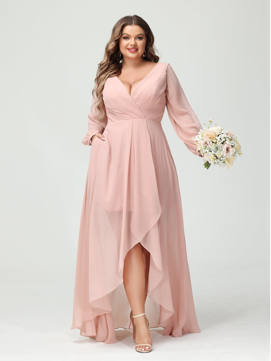 A-Line/Princess V-Neck Long Sleeves Chiffon Ruched Asymmetrical Plus Size Bridesmaid Dresses with Pockets
